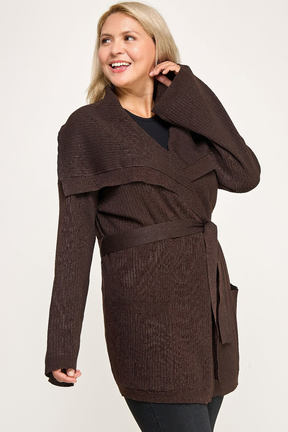 Thumbnail: Plus Size Ribbed Wrap Cardigan With Waist Belt