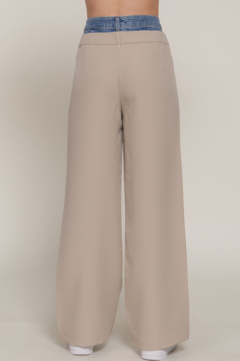 Thumbnail: Contrast Denim Waist Straight Long Pants       