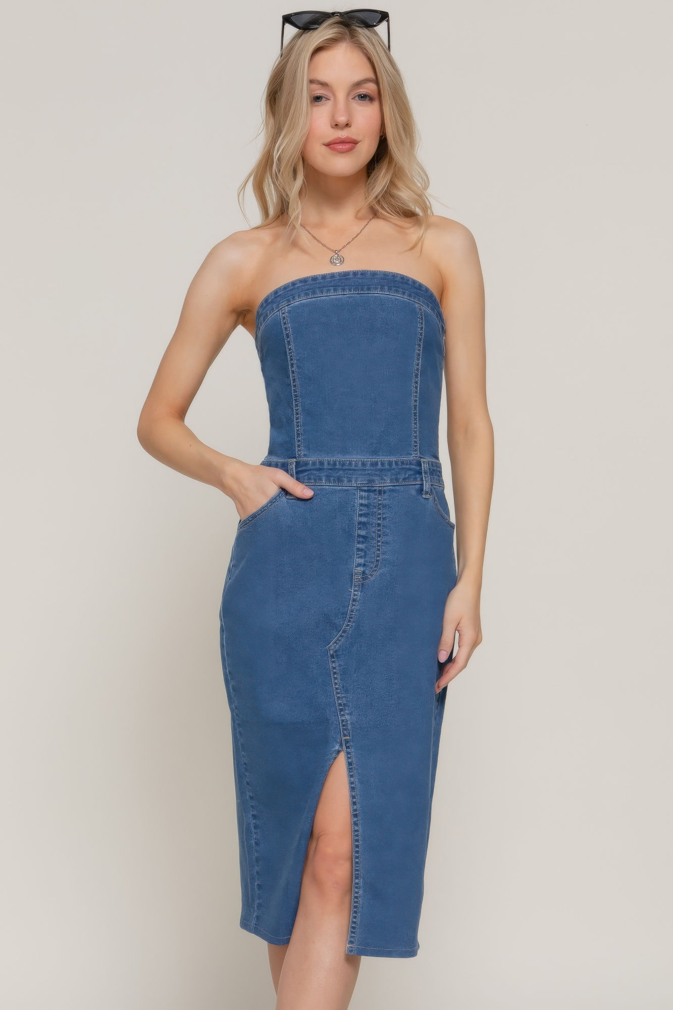 Stretch Denim Slit Tube Dress