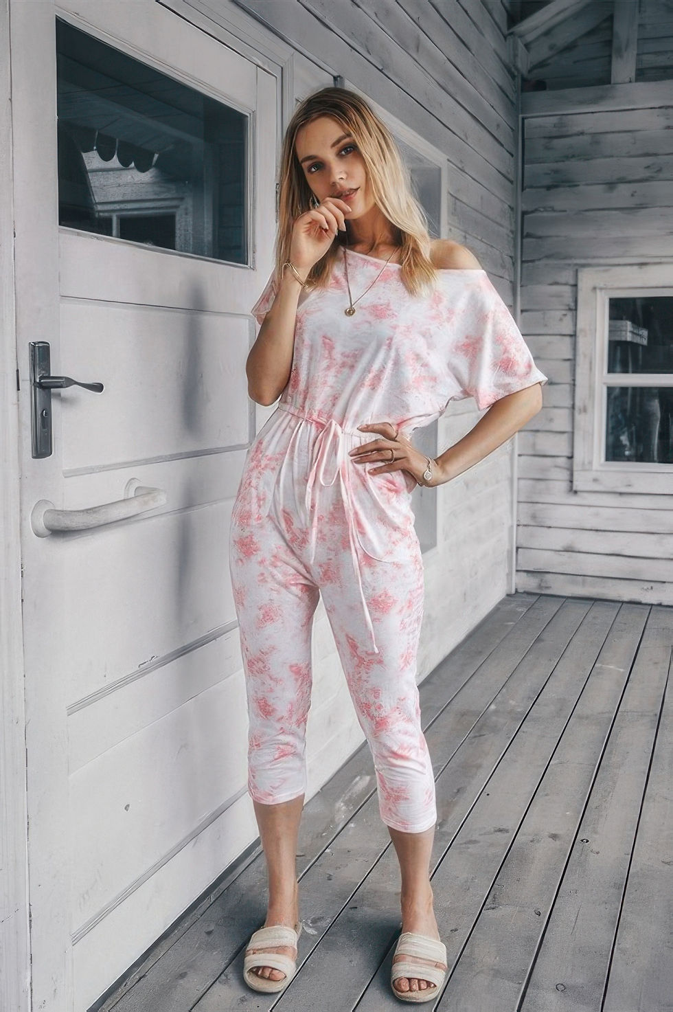 Thumbnail: Tie Dye One Shoulder Drawstring Fit Jumpsuit