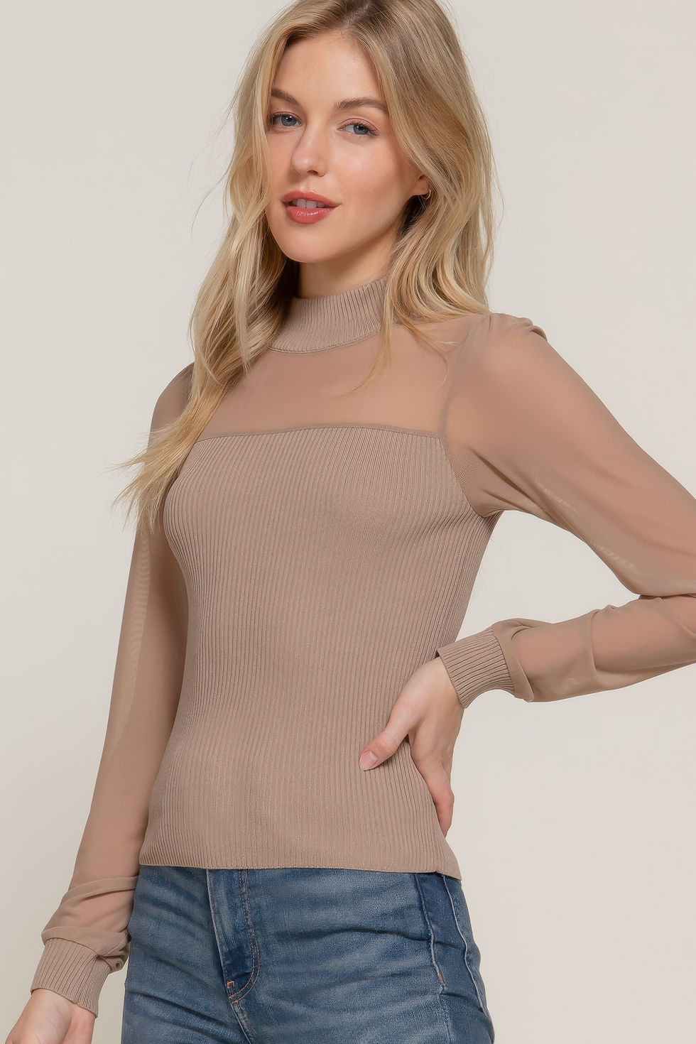 Thumbnail: Long Slv Mesh Panel Detail Sweater Top      