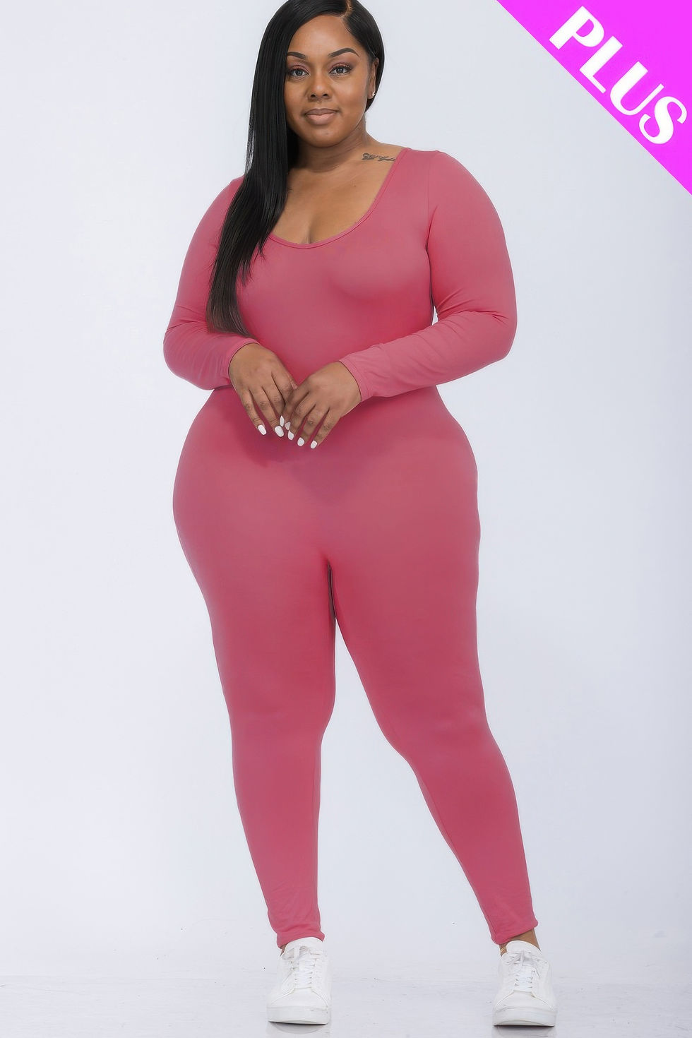 Thumbnail: Plus Size Scoop Neck Long Sleeve Bodycon Jumpsuit