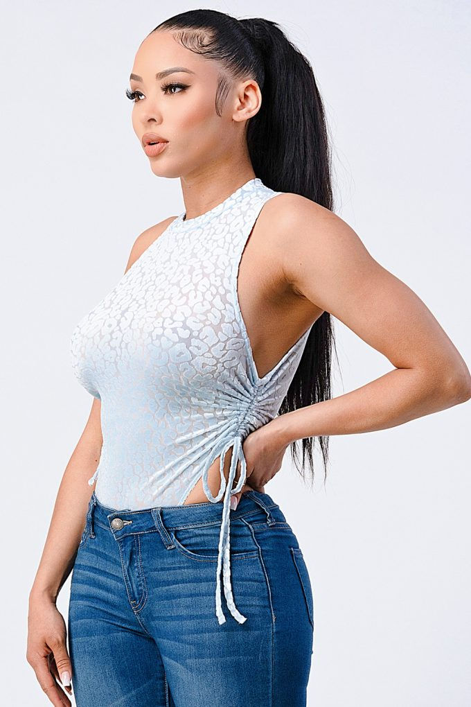 Thumbnail: Velvet Leopard Side Shirring Extreme Cut Bodysuit