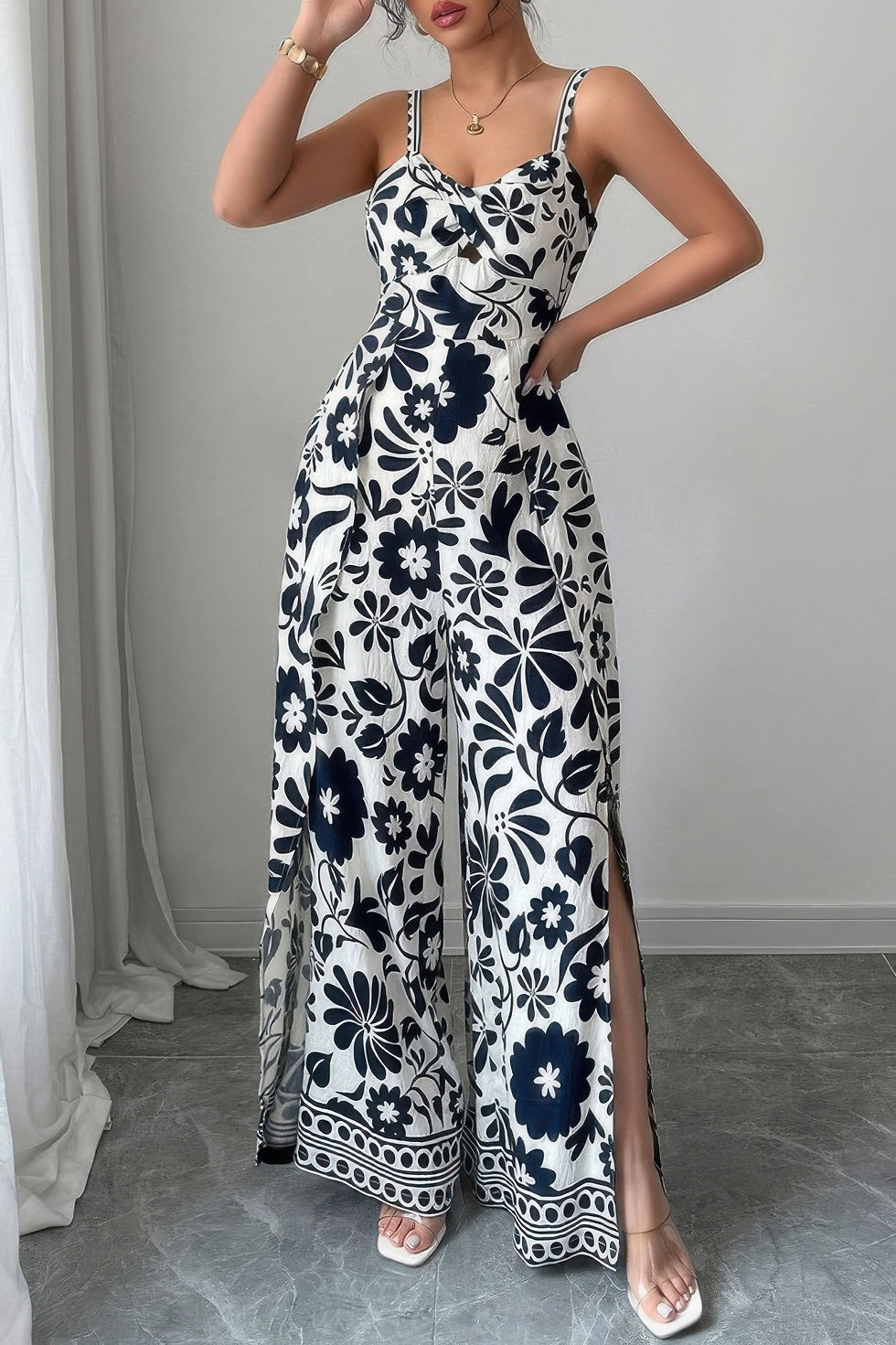 Thumbnail: Floral Print High Waist Split Wide Leg Fit Jumpsuit