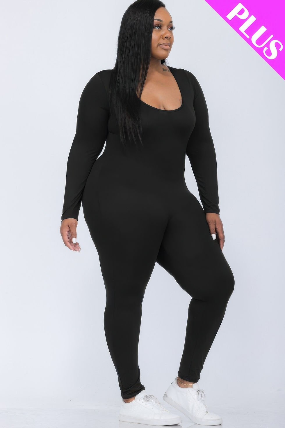 Thumbnail: Plus Size Scoop Neck Long Sleeve Bodycon Jumpsuit