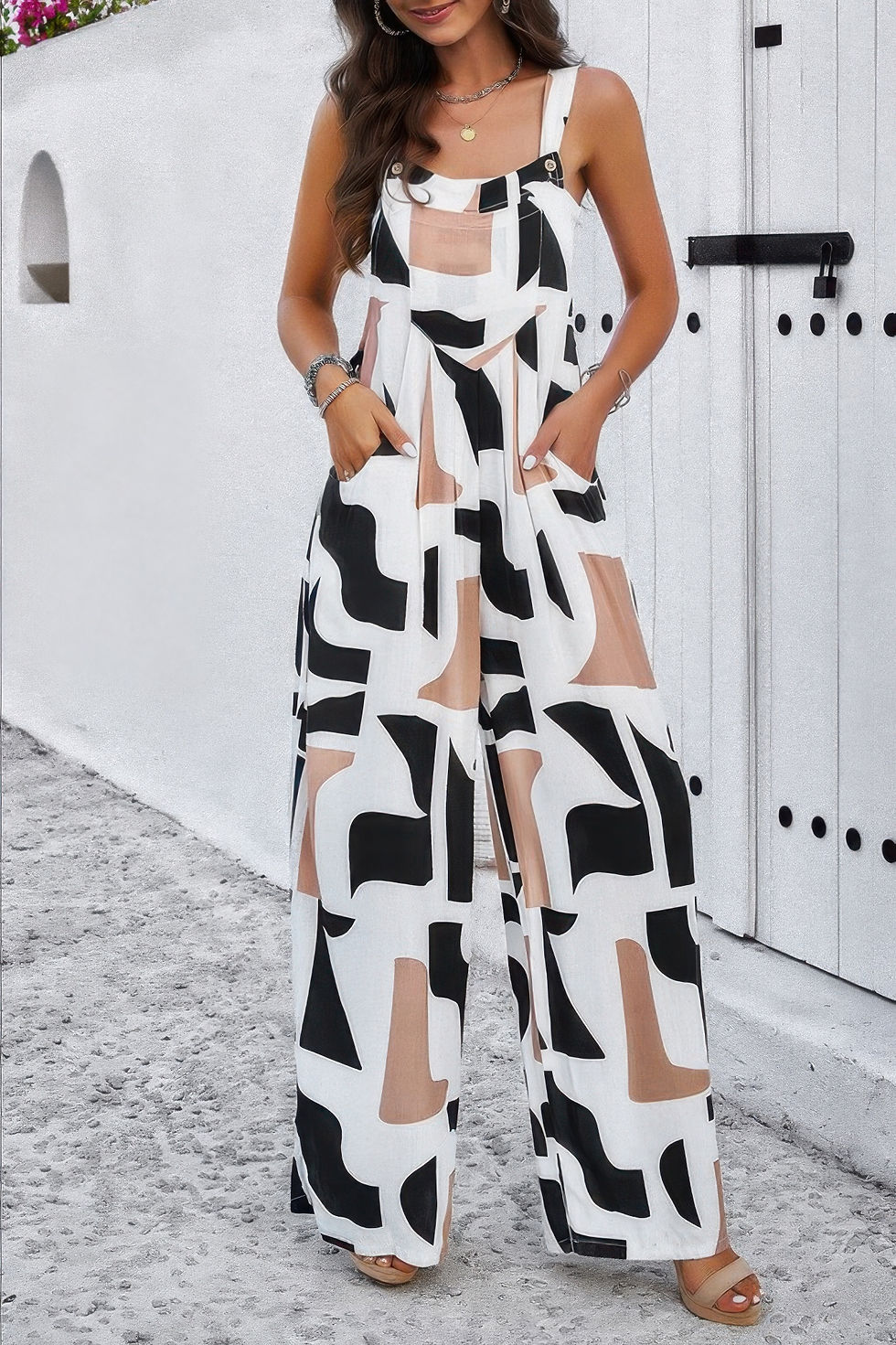 Thumbnail: Geo Print Smocked Sleeveless Pockets Jumpsuit