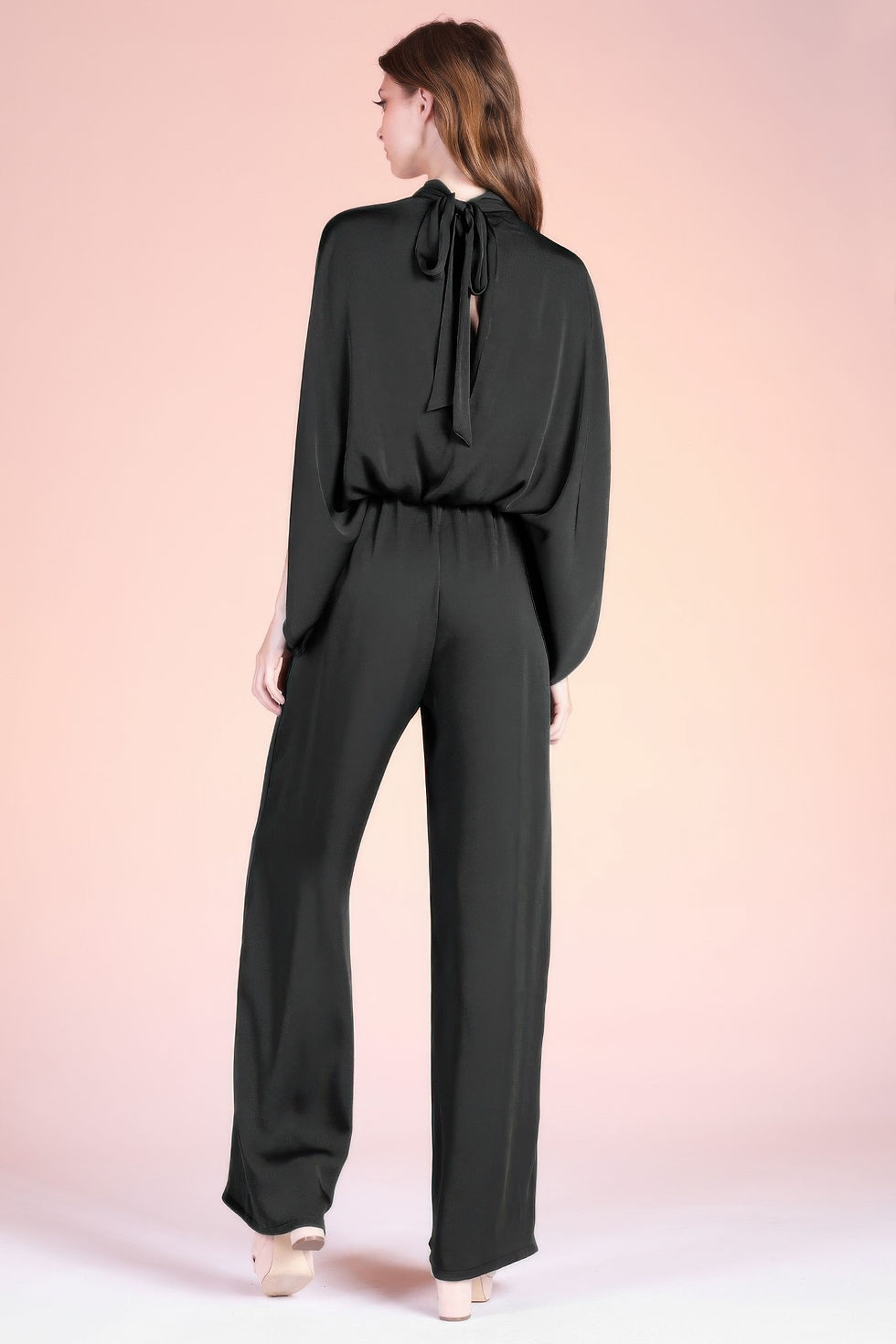 Thumbnail: Washed Poly Silk Mock Neck Caftan Jumpsuit