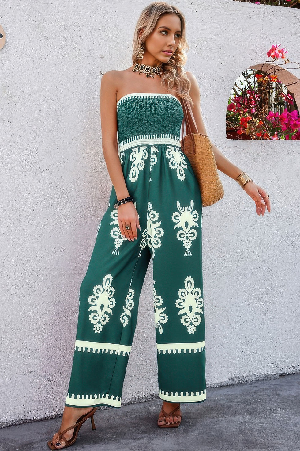 Thumbnail: Geo Print Off Shoulder High Waist Fit Jumpsuit