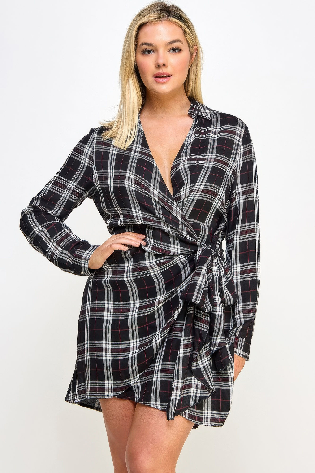 Plus Size Long Sleeve Plaid Side Tie Dress        