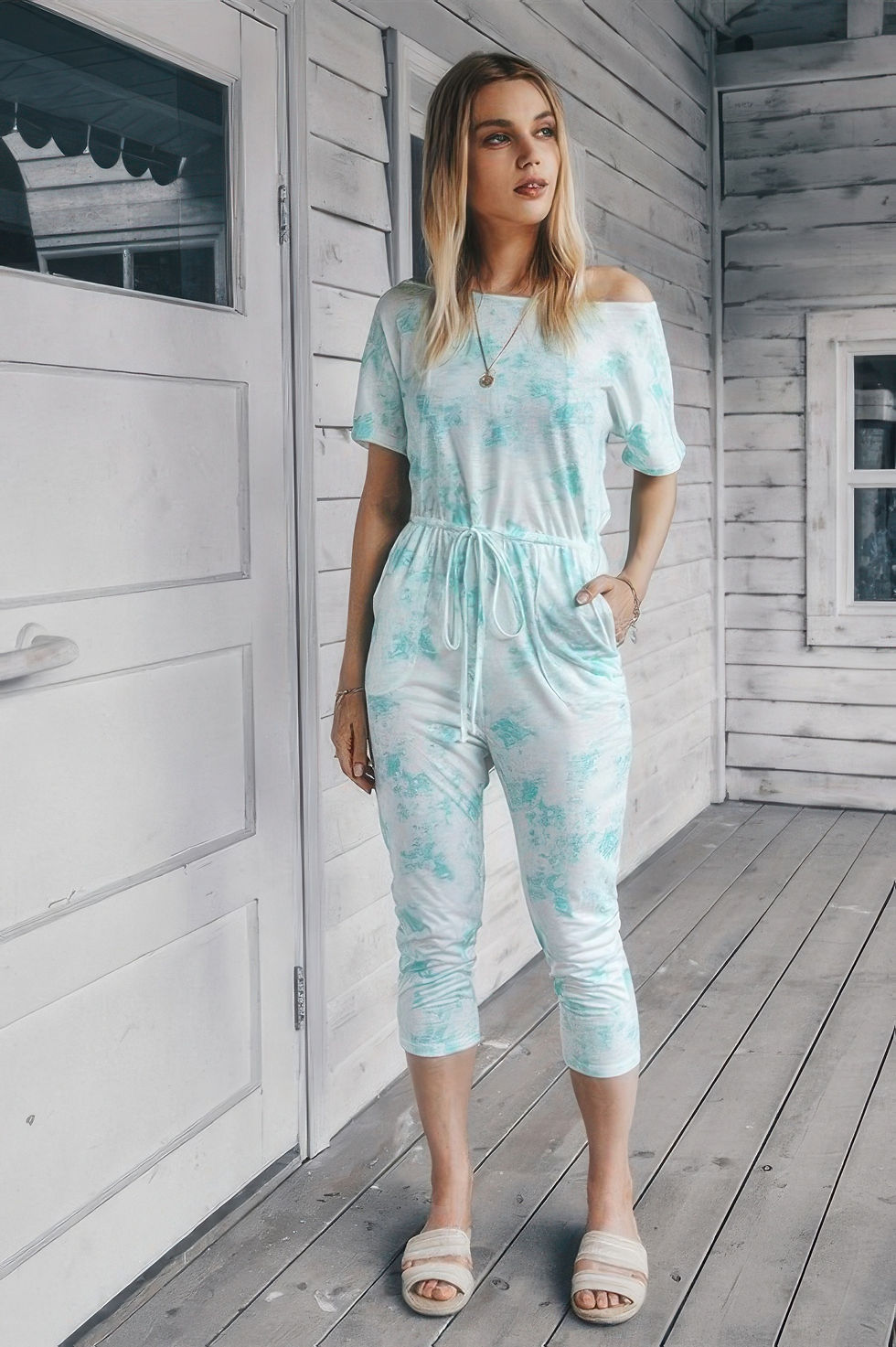 Thumbnail: Tie Dye One Shoulder Drawstring Fit Jumpsuit