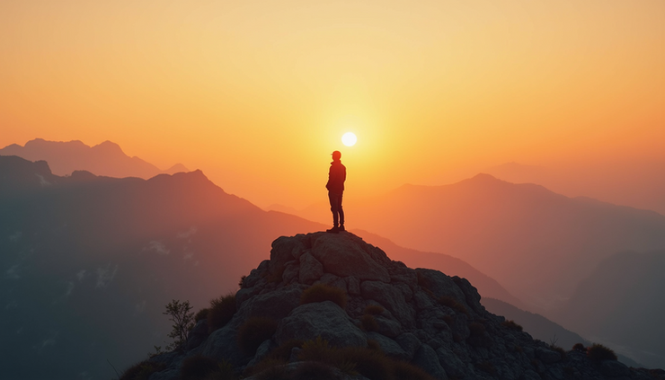 Eye-level view of a person standing on a mountain peak at sunrise, symbolizing breakthrough and new beginnings