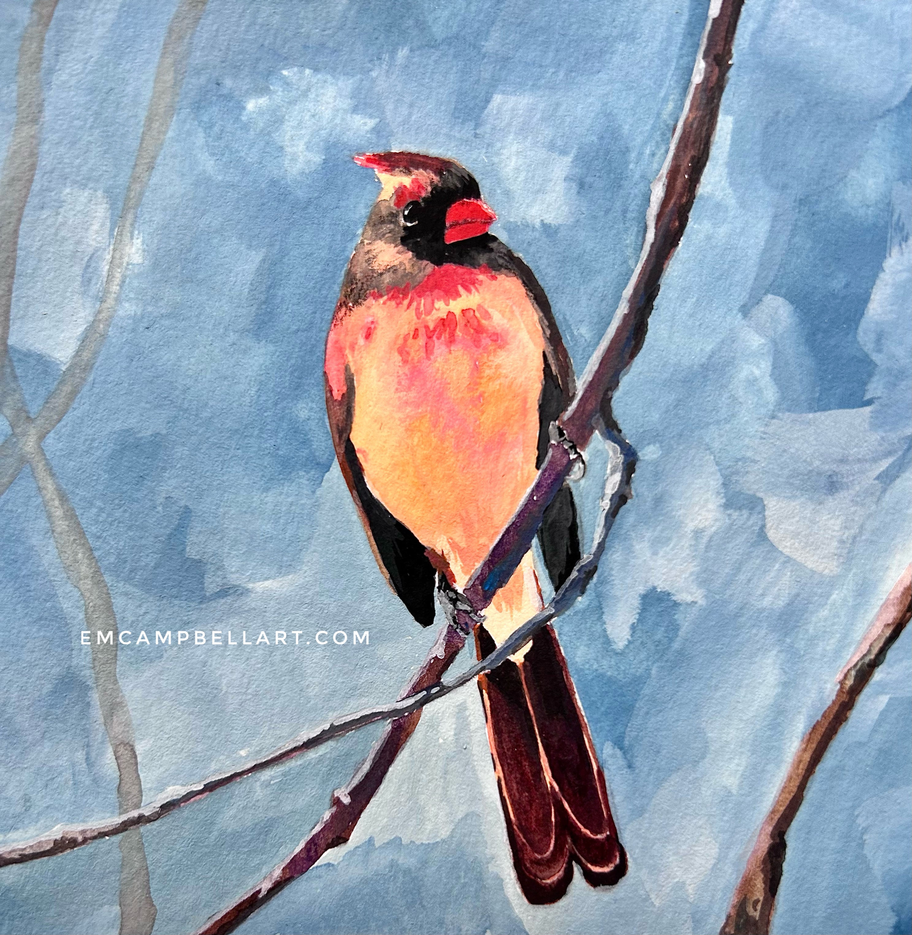 Female Cardinal Watercolor Bird Painting by Em Campbell