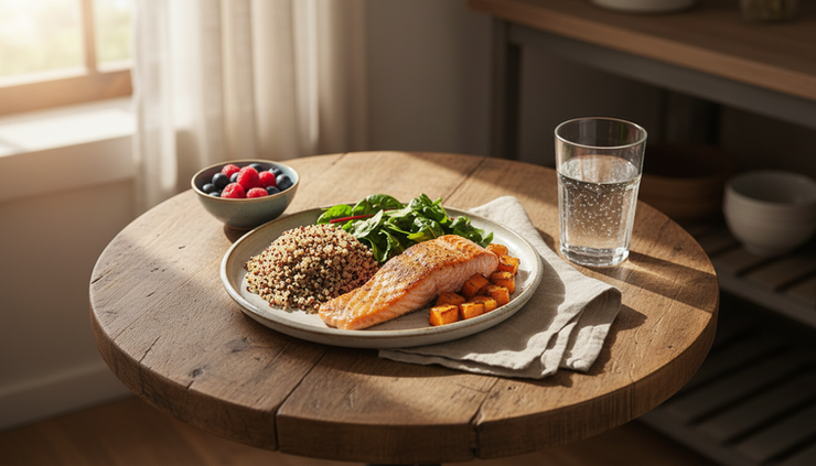 Overhead view of a colorful balanced meal beside a glass of water.