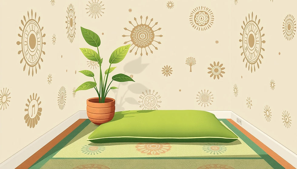Eye-level view of a cozy corner with a meditation cushion and a small plant for mindfulness practice
