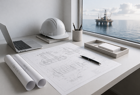 Engineering drawings with safety helmet on work surface