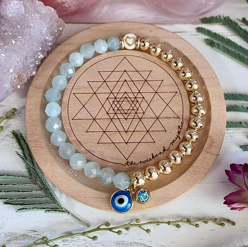 Thumbnail: Gold Faceted Aquamarine, March Birthstone with Evil Eye Charm, 