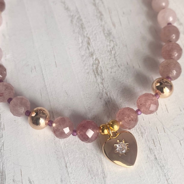 Thumbnail: Strawberry & Rose Quartz Choker Necklace with Gold Heart Cubic Zirconia Charm
