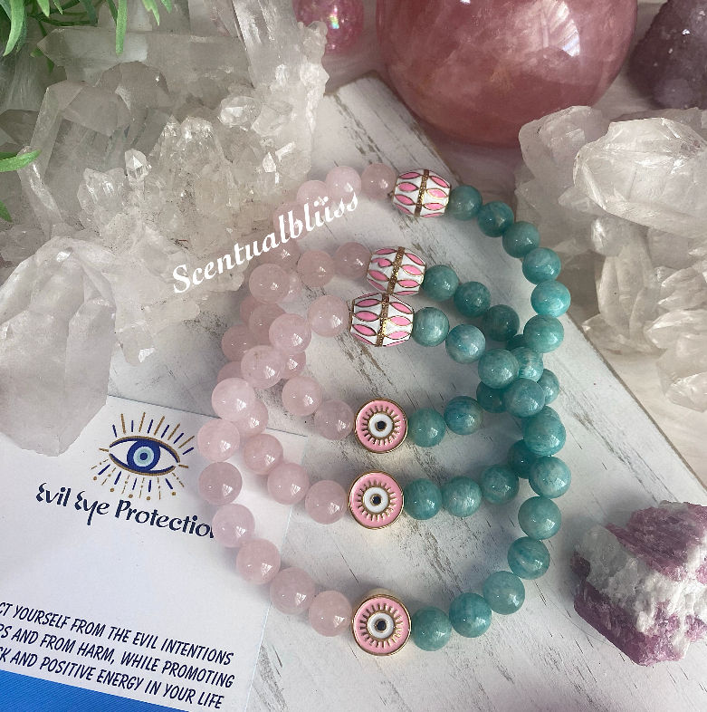 Thumbnail: Gold Evil Eye, Heart Chakra, Amazonite & Rose Quartz, Protection Bracelet 