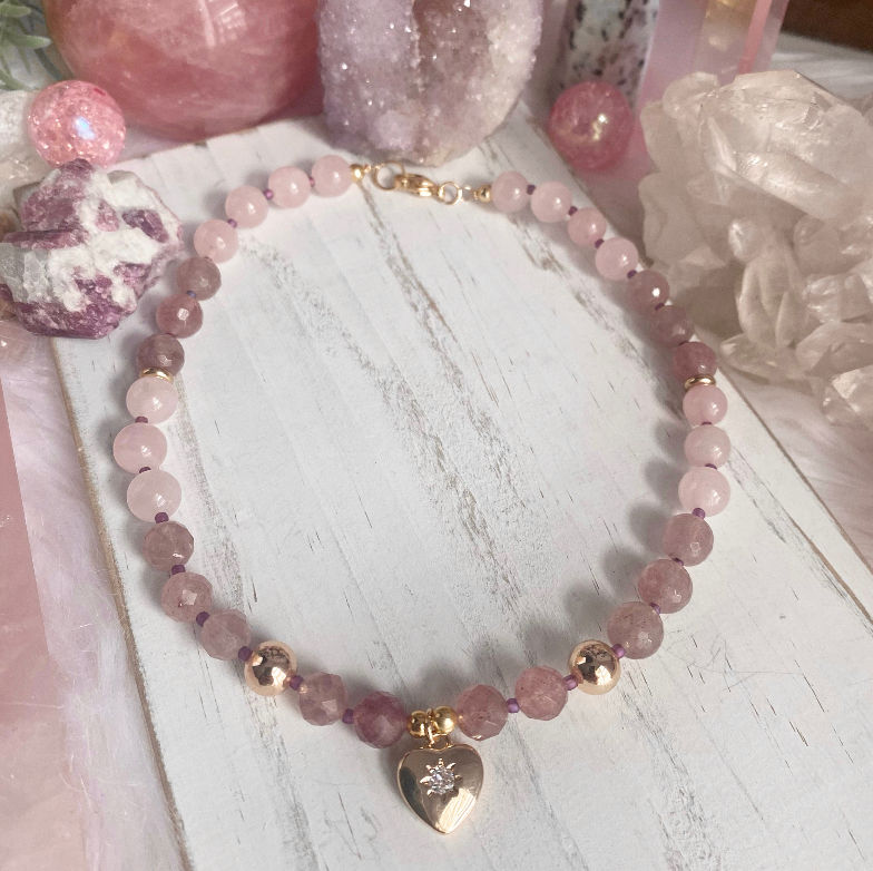Thumbnail: Strawberry & Rose Quartz Choker Necklace with Gold Heart Cubic Zirconia Charm