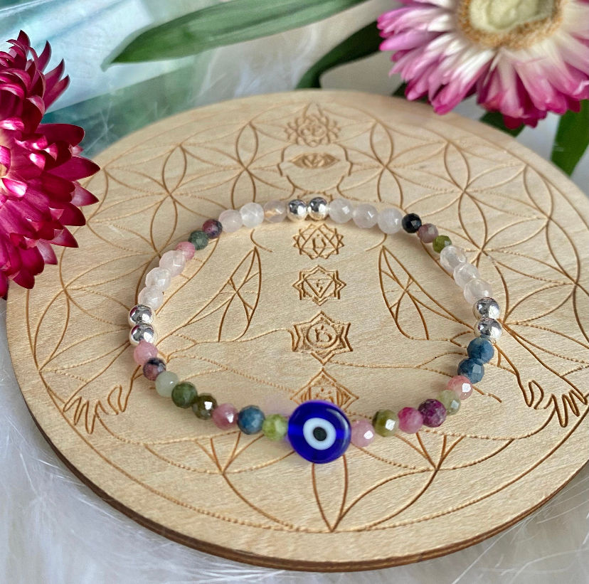 Thumbnail: Evil Eye, Rose Quartz & Mixed Tourmaline Bracel