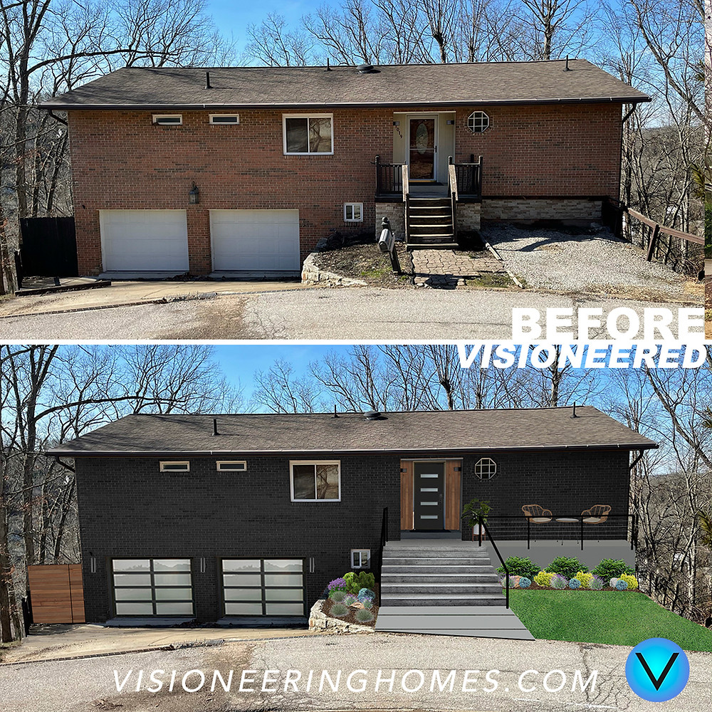 raised ranch modern exterior design, black painted brick, modern front porch, modern landscaping, modern front door, glass garage doors, mid century modern, exterior design before and after, modern porch railing