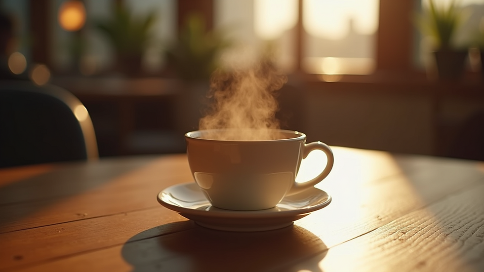 Close-up view of a steaming cup of coffee on a wooden table