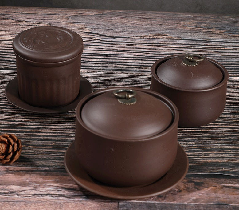 Thumbnail: 紫砂条纹炖盅 Dark Purple Claypot w/ Stripe Pattern 350ML