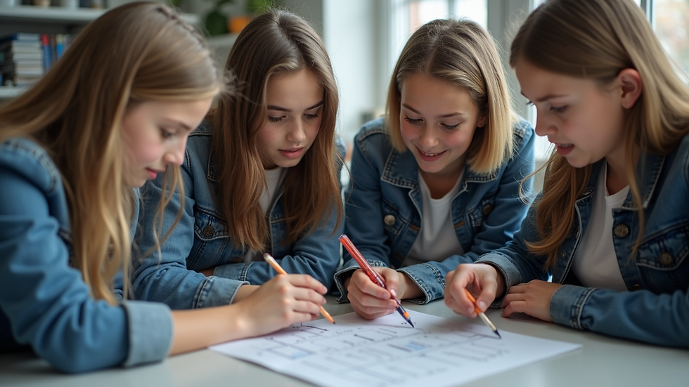 High angle view of students collaborating on a science project