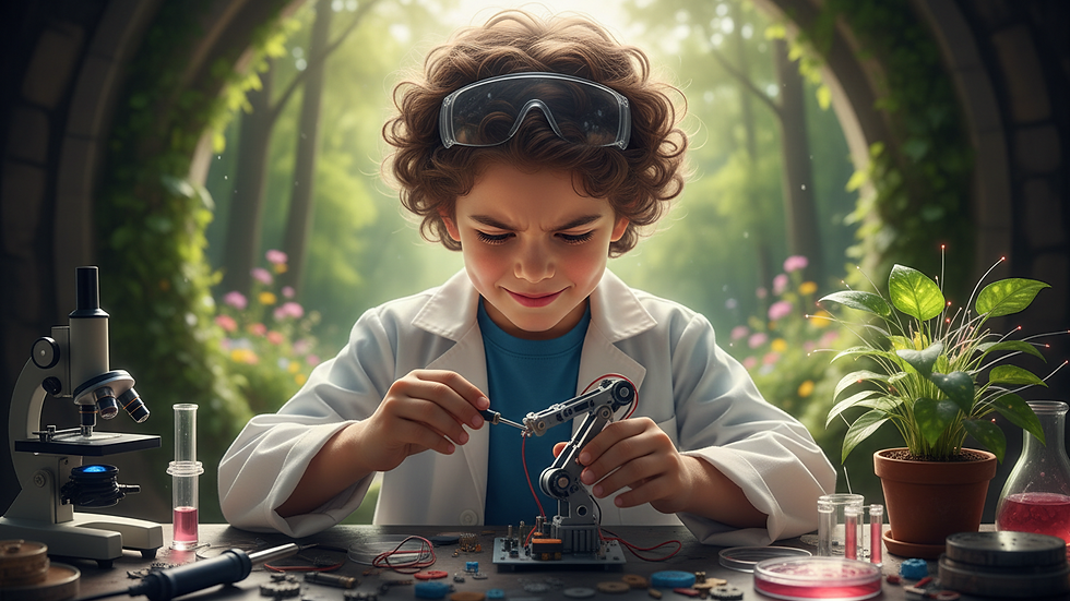 Close-up view of a child working on a robotics project with focused attention
