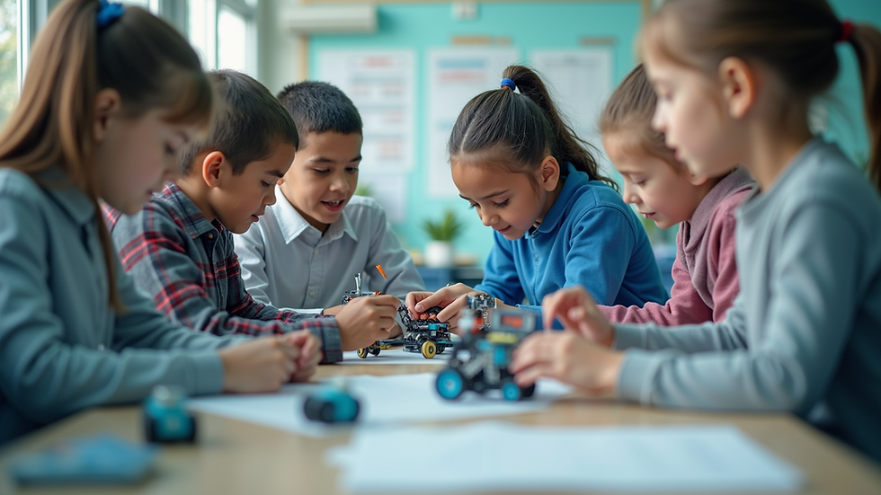 Eye-level view of a classroom with students working on robotics projects