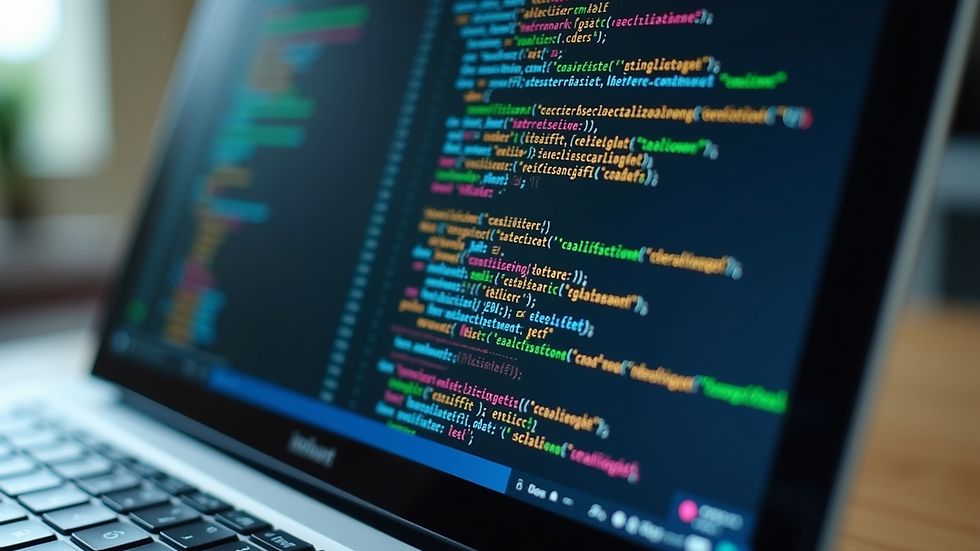 Close-up of a laptop screen displaying a coding program with colorful lines of code