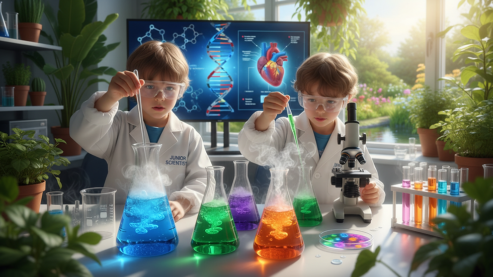 Close-up view of a science experiment setup with colorful liquids in beakers