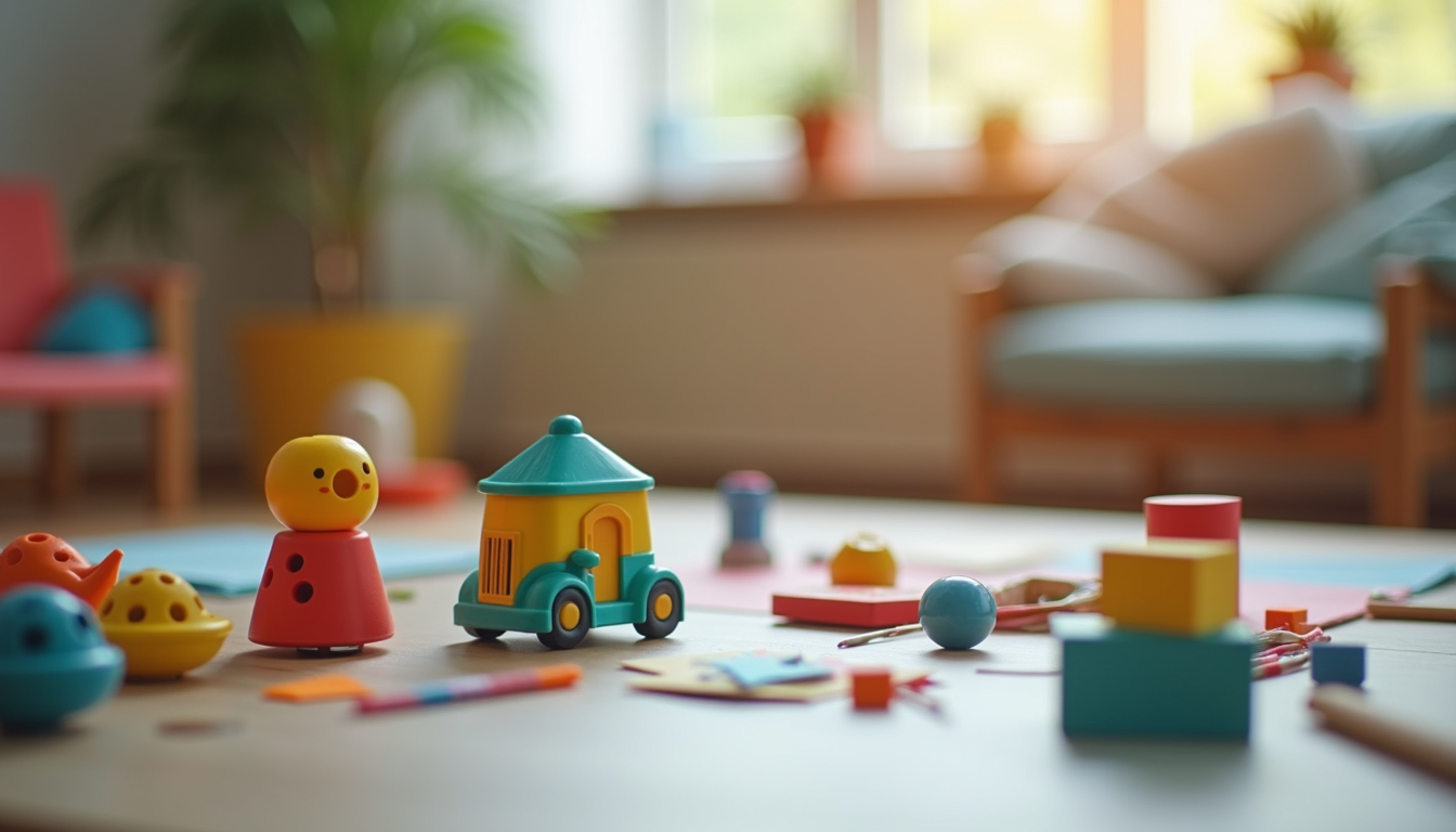 Close-up view of a therapy room with colourful toys and art materials arranged neatly
