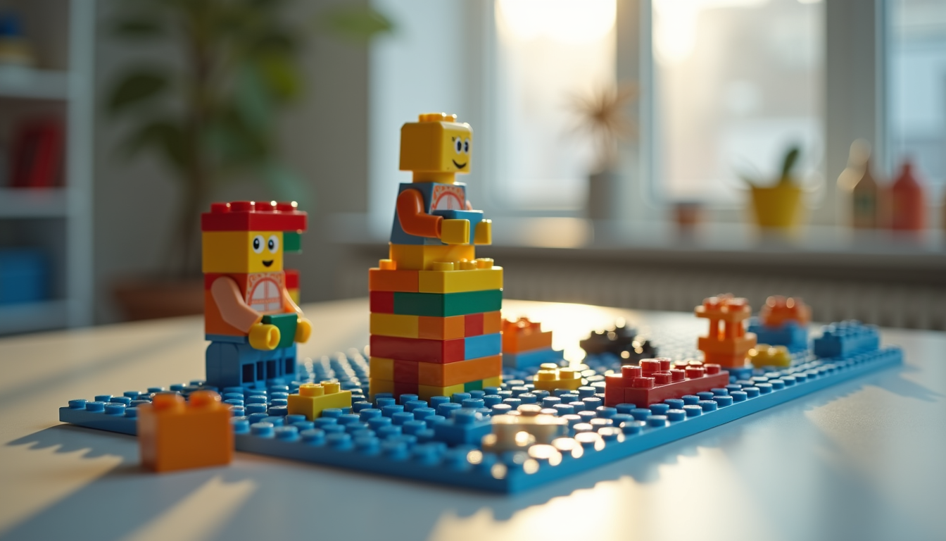 Close-up view of a LEGO model being built on a therapy table