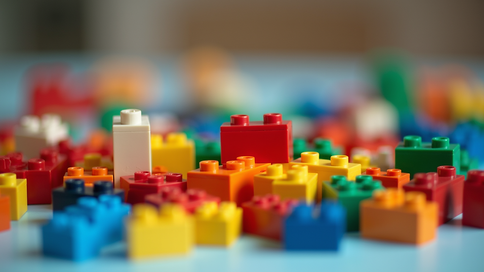 Close-up view of colourful LEGO bricks arranged on a table