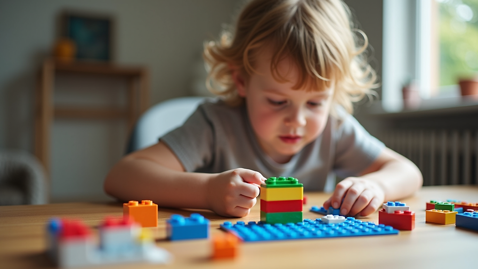 Eye-level view of a child building a LEGO model during therapy