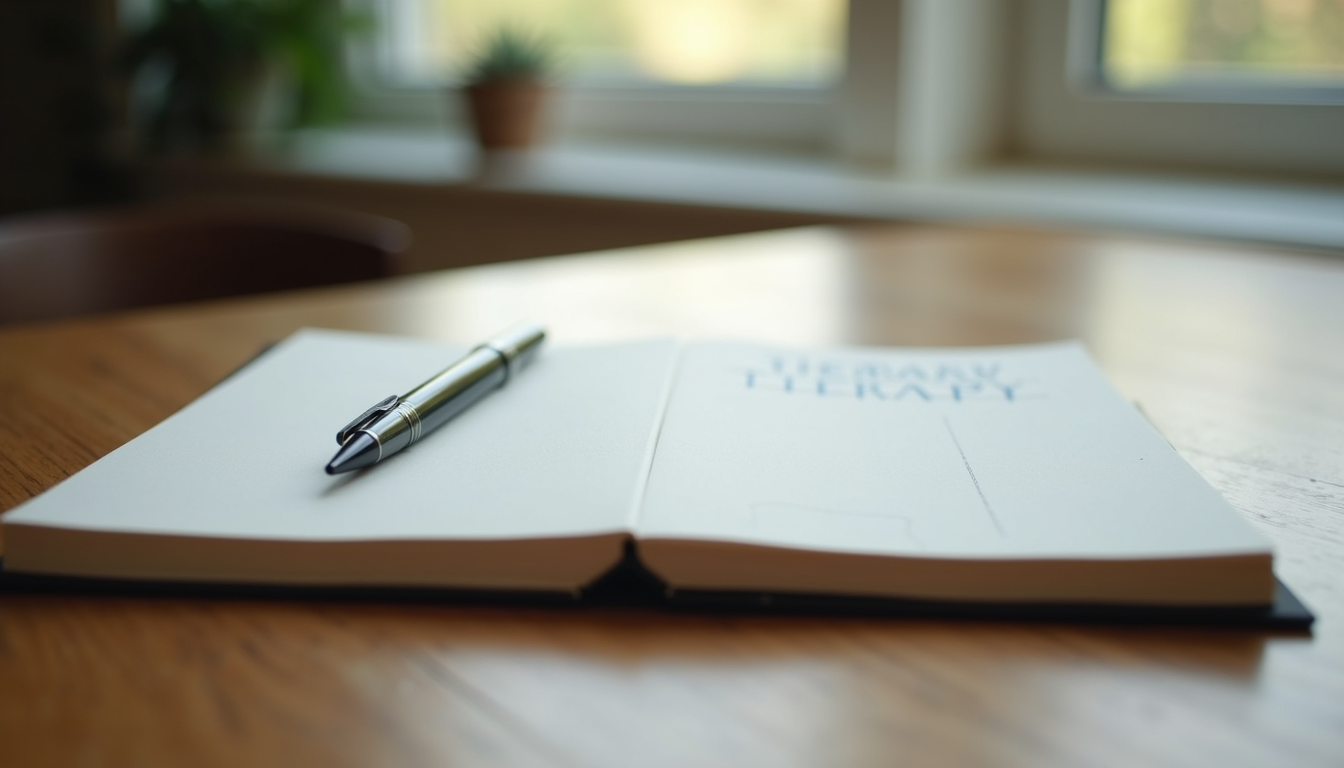 Close-up view of a therapy journal and pen on a wooden table