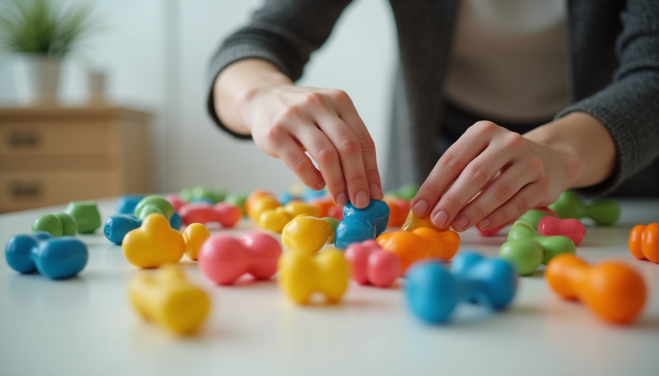 Close-up view of a therapist’s hands arranging colourful therapy toys on a table