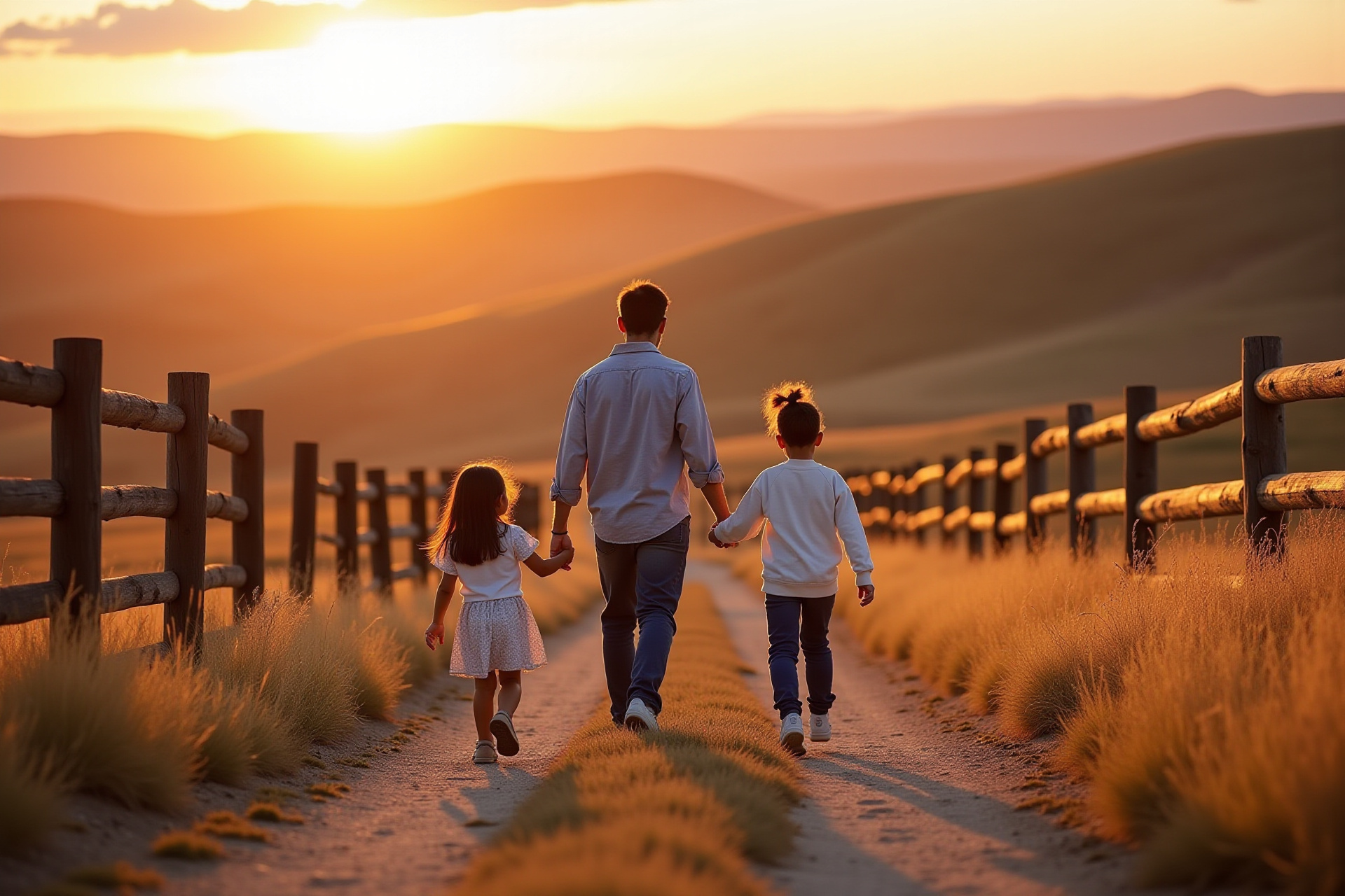 Happy family walking on their new ranch