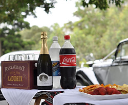 champagne, soft drinks, cheese and snacks