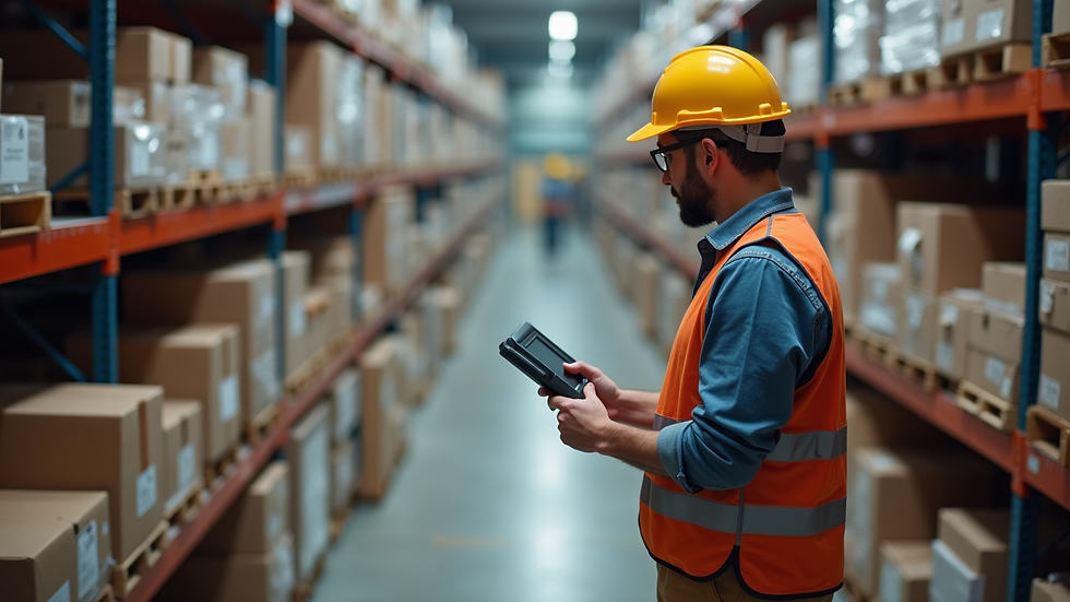 High angle view of warehouse worker scanning inventory with handheld device