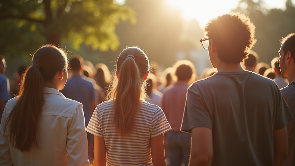 Eye-level view of a church community gathering in a serene outdoor setting