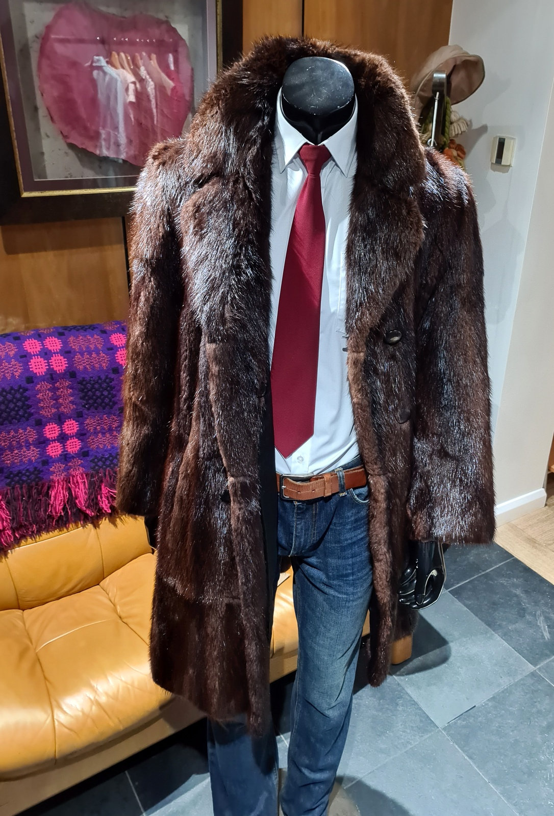 Unique Mans Vintage Mens Real Fur Musquash Mink Shadowstripe 1970s