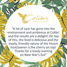 5 star, great review. Colibri, French Creole restaurant, English Harbour, Antigua and Barbuda.