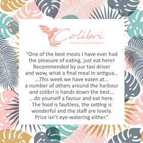 5 star, great review. Colibri, French Creole restaurant, English Harbour, Antigua and Barbuda.