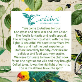 5 star, great review. Colibri, French Creole restaurant, English Harbour, Antigua and Barbuda.