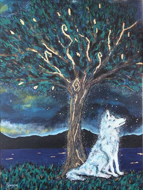 Loup, louve, arbre de vie, spiritualité, Microcosma, peinture