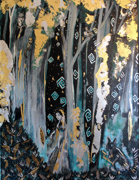 Peinture de l'artiste Microcosma évoquant une nuit spirituelle et magique au coeur d'une forêt symbolique, peuplée de petits animaux: hibou, écureuils. Une jeune fille est au coeur de cet échange silencieux.