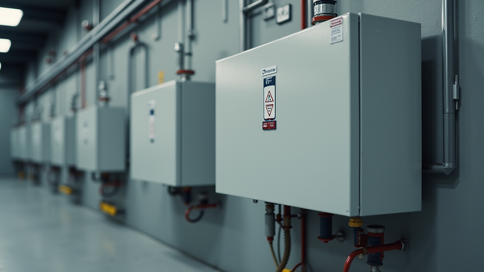 Close-up de panel termosifónico con tanque de almacenamiento en instalación industrial