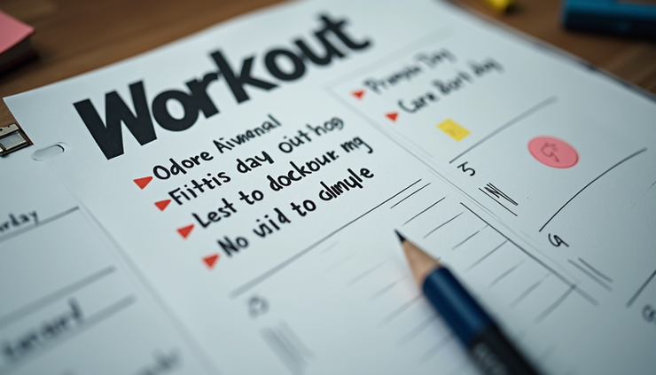 High angle view of a calendar with workout days marked and motivational notes